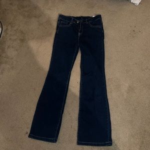low rise flare jeans w designs on pocket
